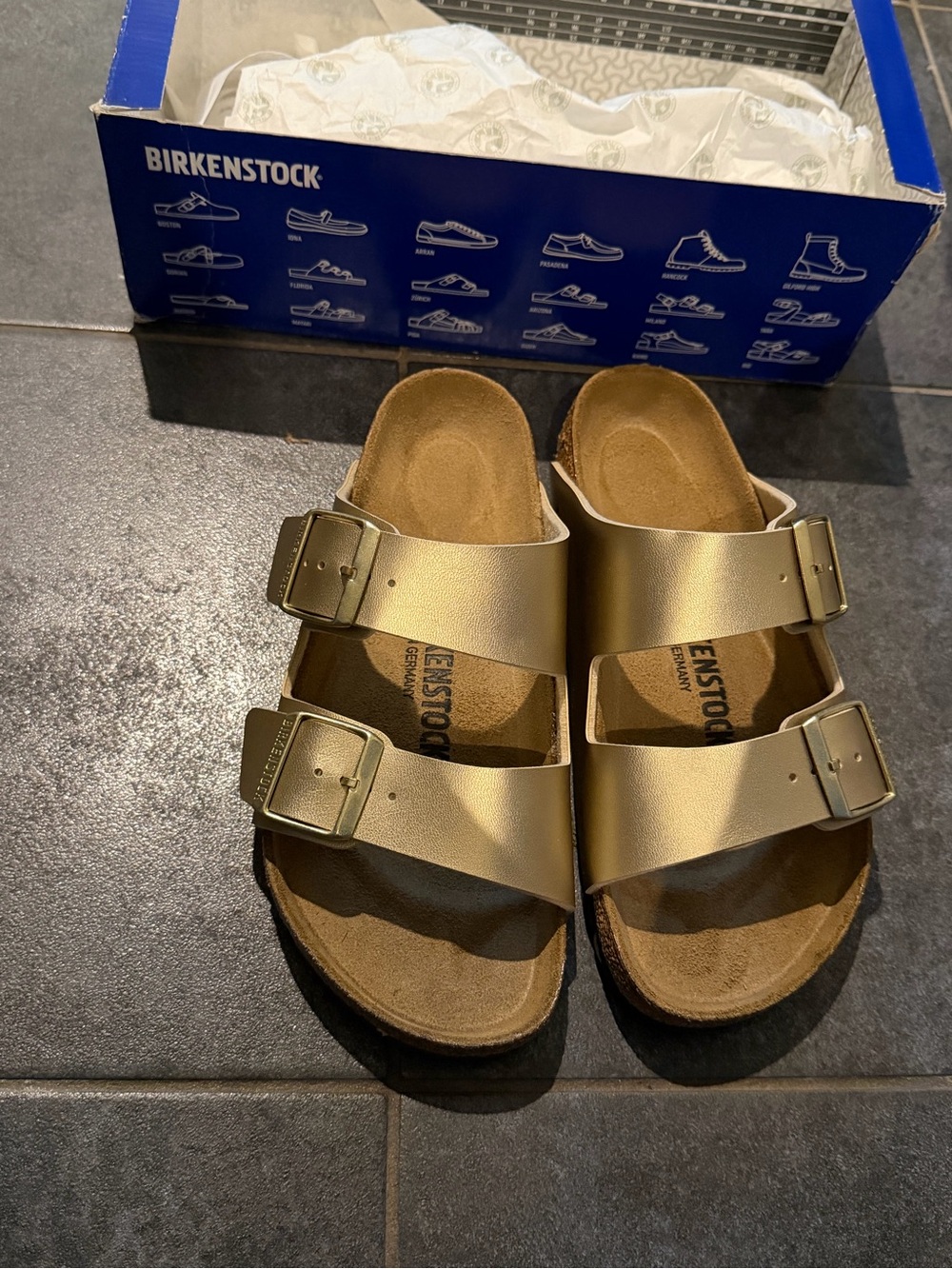 New with box Birkenstock Arizona Metallic Gold Two-Strap Sandals - Birko-Flor